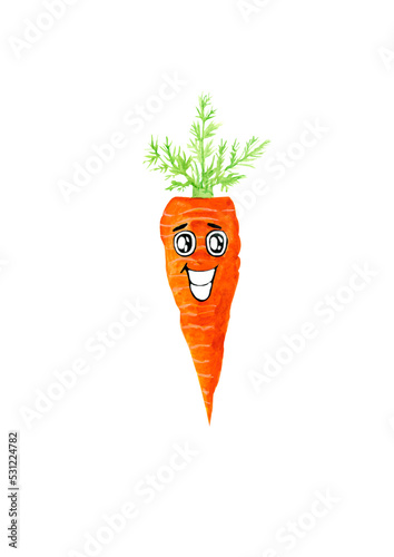 Watercolor illustration orange vegetable carrot, fresh harvest, smile cute on white background isolated for your festive design
