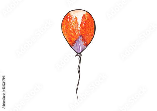 Watercolor illustration of a surreal balloon, autumn orange forest, on a white background isolated for your design