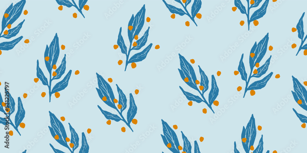 Winter seamless pattern with christmas trees, spruce woods, pine cone and berries on blue background. Surface design for textile, fabric, wallpaper, wrapping, giftwrap, paper, scrapbook and packaging.