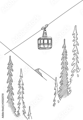 Ski cabin lift for mountain skiers and snowboarders moves in the air on a cableway on the background of winter snow capped mountains. Vector flat illustration. Line style