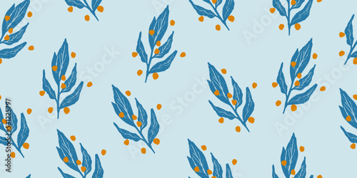 Winter seamless pattern with christmas trees, spruce woods, pine cone and berries on blue background. Surface design for textile, fabric, wallpaper, wrapping, giftwrap, paper, scrapbook and packaging.