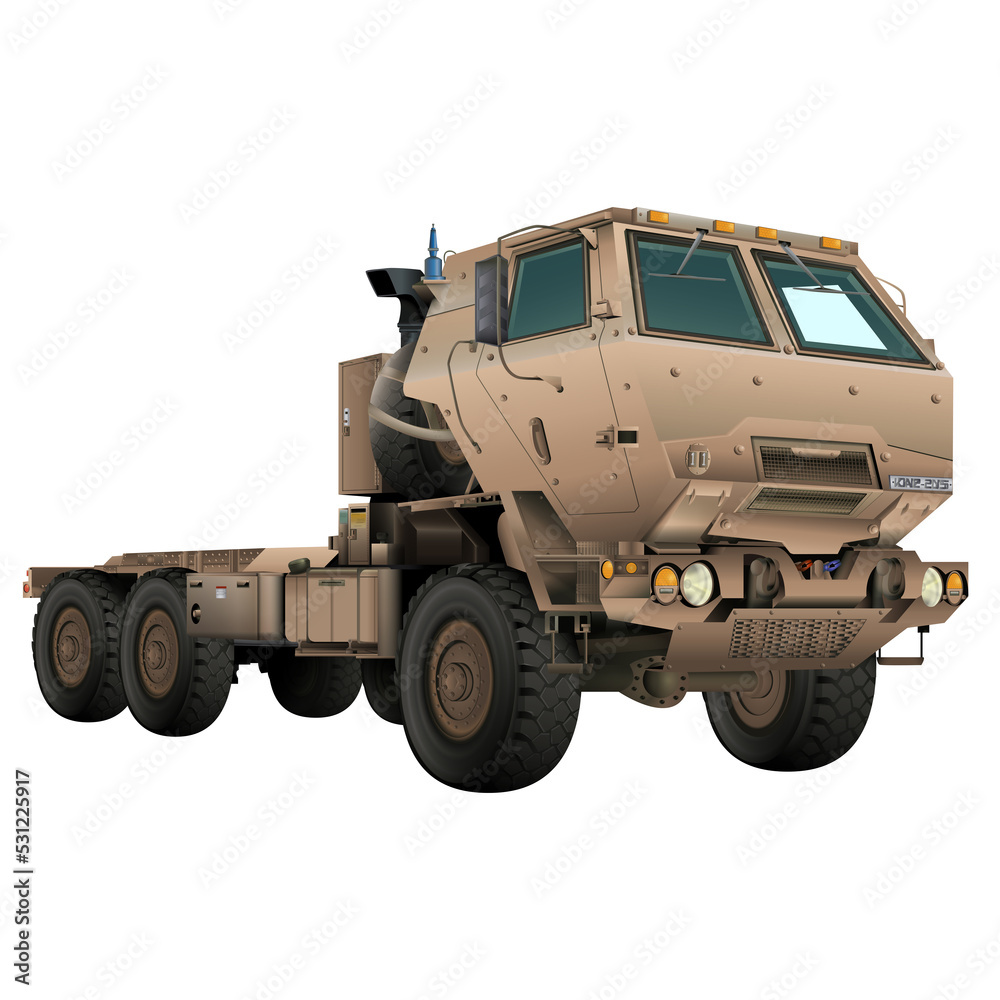 Military truck M142 HIMARS in realistic style. Tactical vehicle. Colorful 3D illustration on a white background.