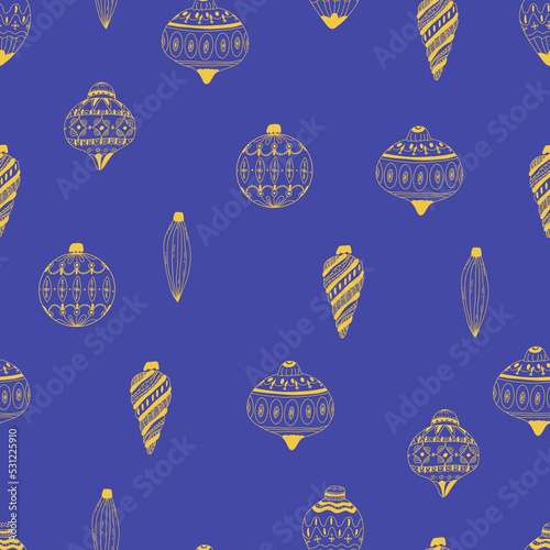 Christmas pattern with new years toy gold color consisting of xmas tree, ball, snowflake art deco line style for poster, sale, greeting cards, product promotion, web, decoration. Vector Illustration