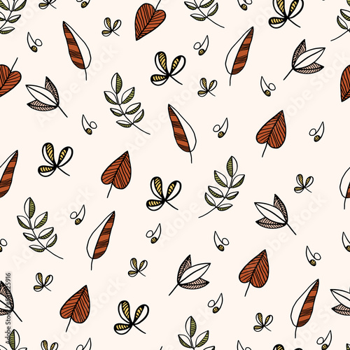 Autumn seamless pattern with different leaves and plants, seasonal colors. Perfect for wallpaper, gift paper, pattern fills, web page background, autumn greeting cards. Vector illustration