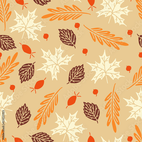 Seamless pattern with autumn leaves and rose hip in Orange, Brown, Red and White on beige background. Perfect for wallpaper, gift paper, pattern fills, web page background, autumn greeting cards. Vect