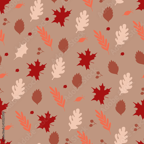 Autumn seamless pattern with different leaves and plants, seasonal colors. Perfect for wallpaper, gift paper, pattern fills, web page background, autumn greeting cards. Vector illustration