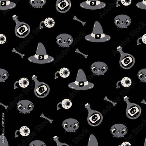 Vector Halloween seamless pattern. Grey icons of skull, bone, poison, eye, hat. Design elements for halloween party poster. Flat cartoon illustration.