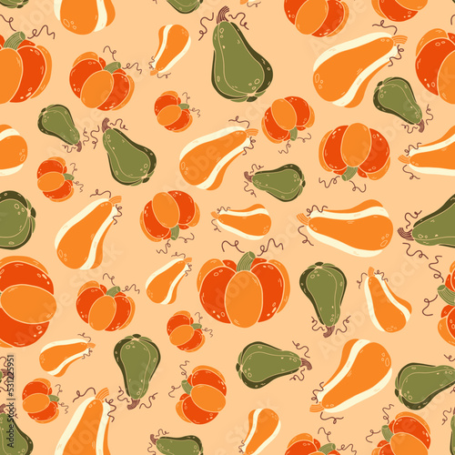 Fall seamless pattern with orange, yellow and green pumpkins on pastel pink background, Pumpkin patch background. Vector illustration