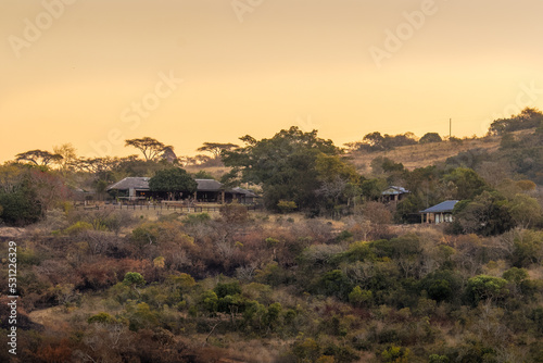 View of a lodge in the mountains of the Lowveld in the heart of Mpumalanga at sunset, South Africa.	