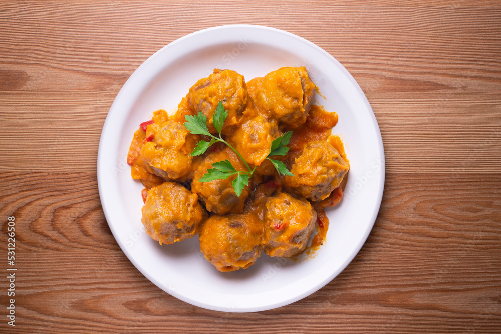 Meatballs with tomato sauce. Typical tapas from the north of Spain. Meatballs with tomato sauce. Typical tapas from the north of Spain.