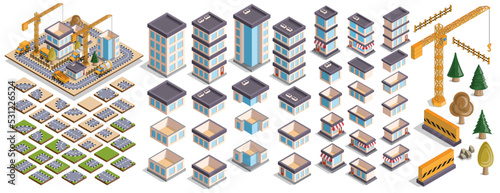 Set of elements for building houses. Isometric. Isolated on white background. Vector illustration.