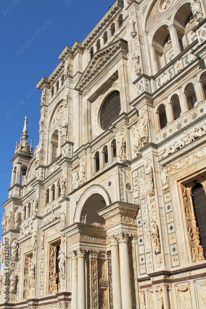 beautiful Renaissance facade of Certosa di Pavia, landmark monastery in Italy 