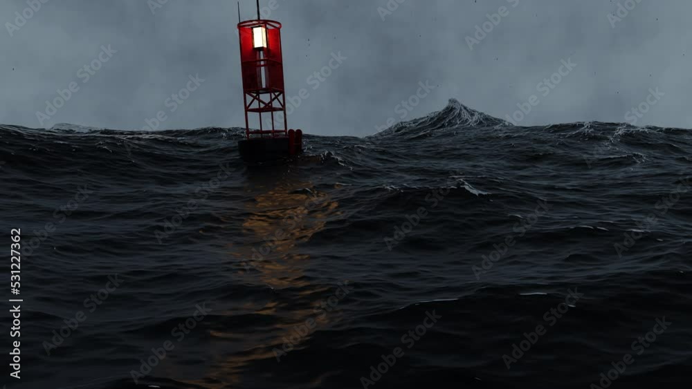 a storm in the sea. a rough sea. a stormy sea with a buoy. a 3d scene with a buoy in the middle of the sea with waves. camera that goes underwater