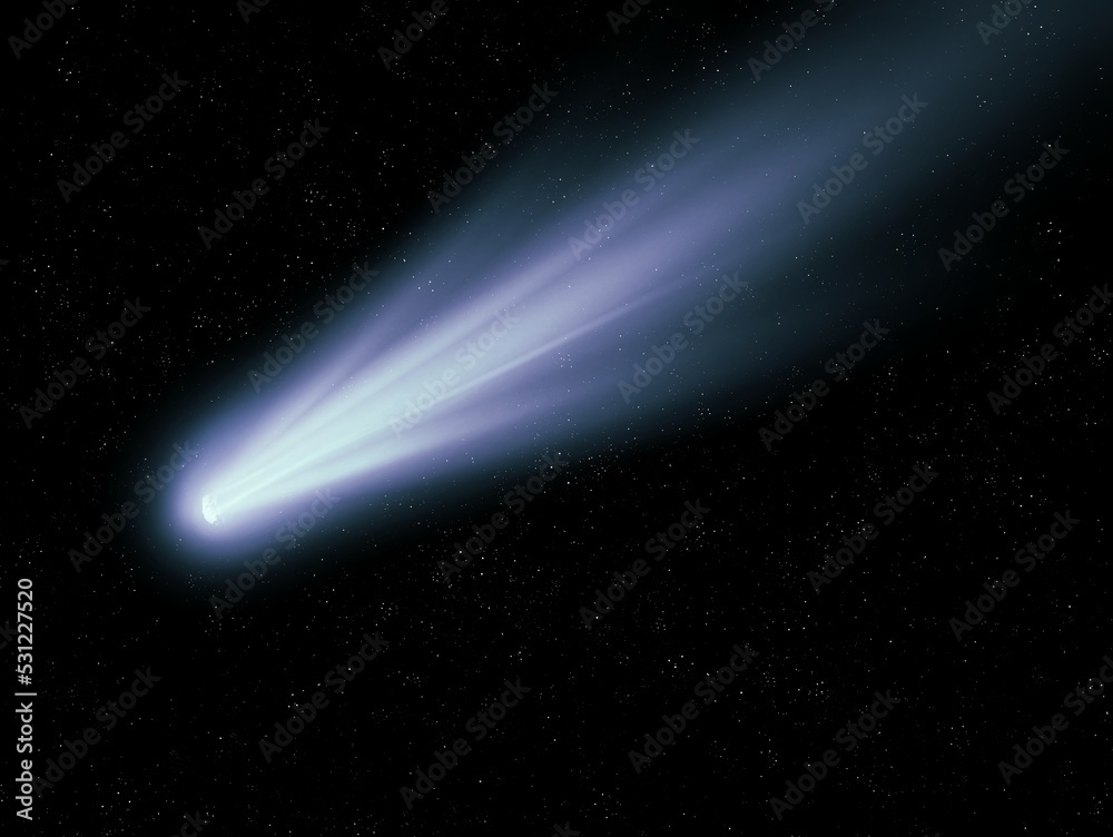 Glowing comet in the starry sky. Observation of celestial objects. Real photography of a comet's tail against a background of stars. Glowing comet in the starry sky. Observation of celestial objects. Real photography of a comet's tail against a background of stars.