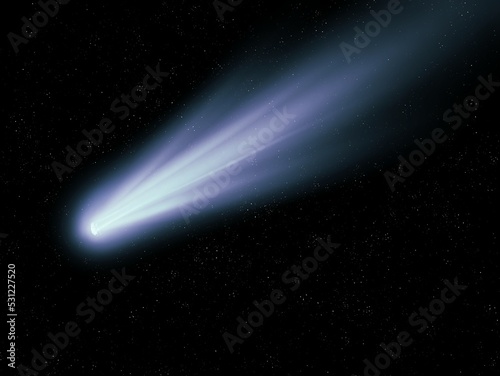 Glowing comet in the starry sky. Observation of celestial objects. Real photography of a comet's tail against a background of stars.