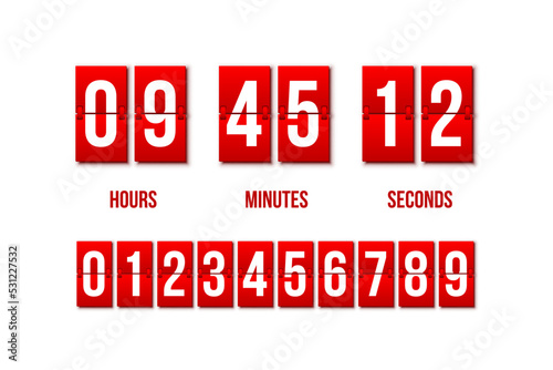 Red countdown clock display with white nubers set. Vector date counter flip board isolated on white bacground
