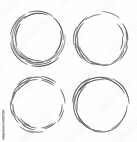 Irregular sketched circles. Vector set of doodle round frames.
