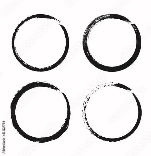 Vector set of round frames. Grunge textured circles. Hand drawn ink brush borders.