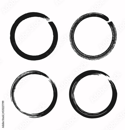 Vector set of round frames. Grunge textured circles. Hand drawn ink brush borders.