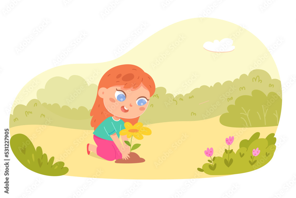 Cute kid planting flower in ground of garden, girl holding flower seedlings to plant
