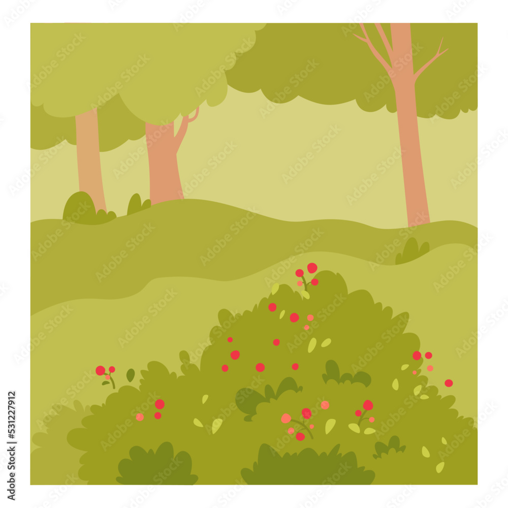 Ripe red berries growing on green summer shrub in forest or garden, cute landscape scene