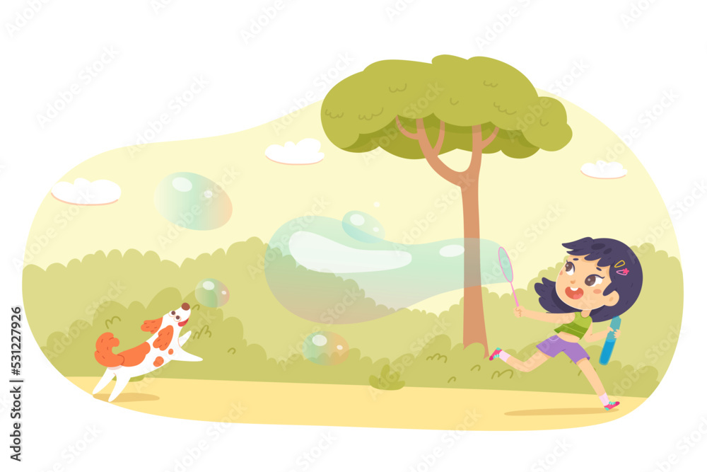 Kid blowing soap bubble, running with dog friend in summer park, playing fun game