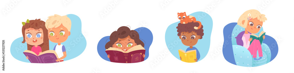 Cute school kids holding open books set, happy smart young school students read together Cute school kids holding open books set, happy smart young school students read together