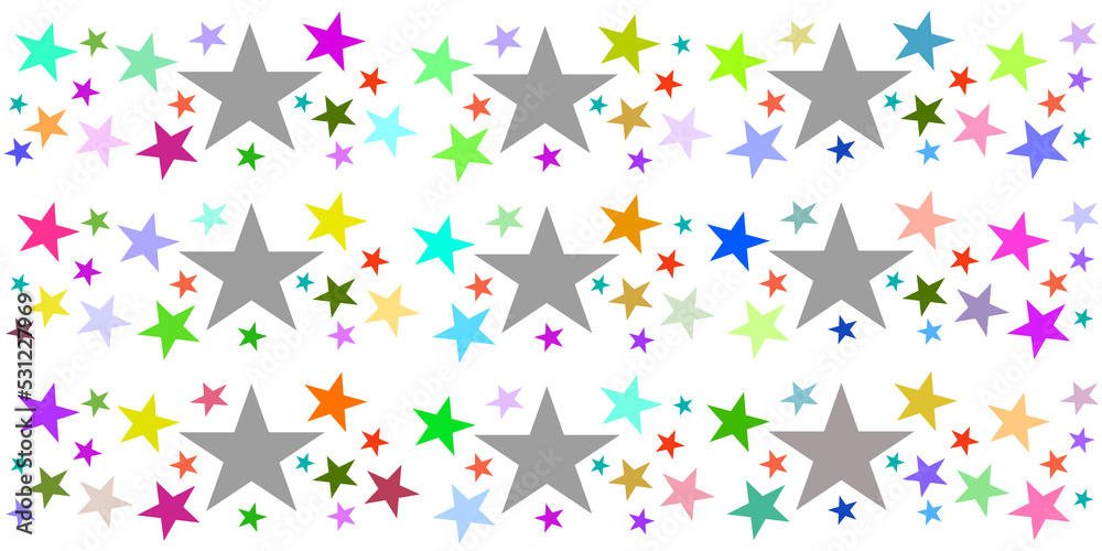 Background of large silver stars and small stars in various colors, concept of Christmas and celebrations.