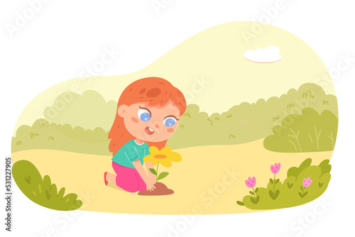 Cute kid planting flower in ground of garden, girl holding flower seedlings to plant