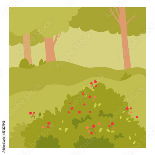 Ripe red berries growing on green summer shrub in forest or garden  cute landscape scene
