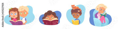 Cute school kids holding open books set, happy smart young school students read together