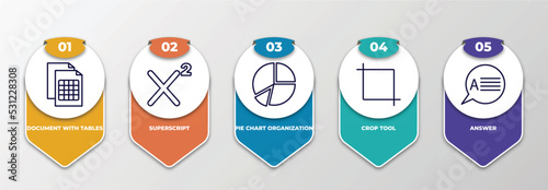 infographic template with thin line icons. infographic for user interface concept. included document with tables, superscript, pie chart organization, crop tool, answer editable vector.