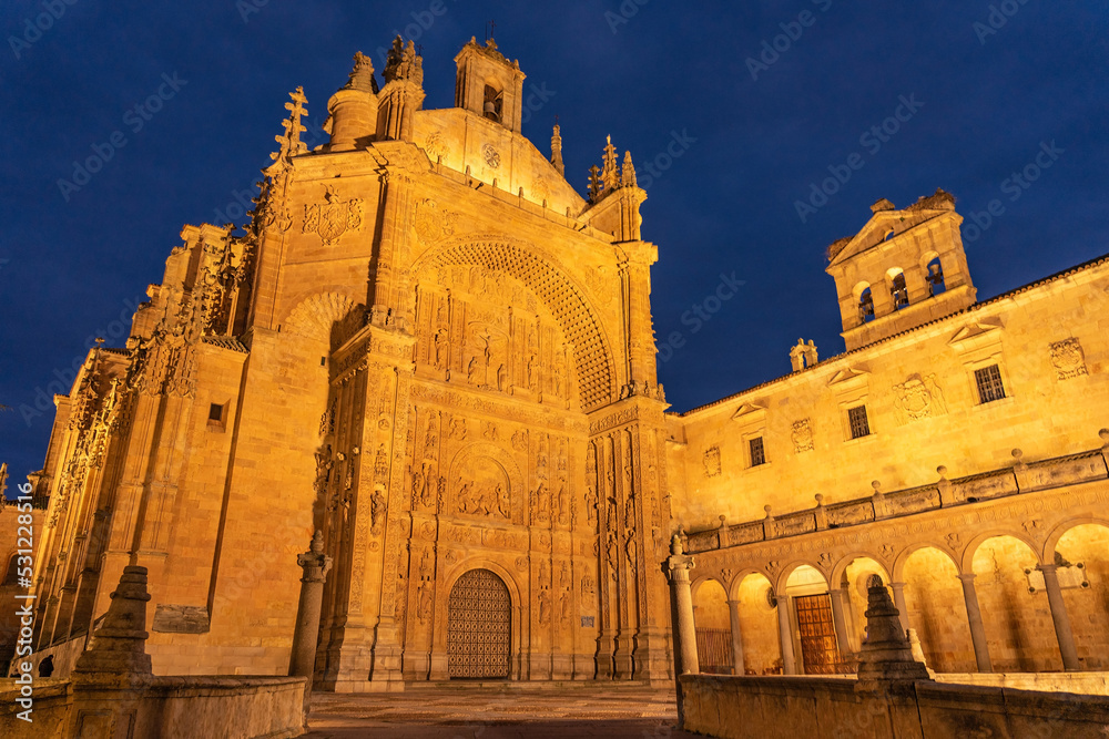 San Esteban convent of Salamanca (World Heritage Site by UNESCO) at night in the old town, Castilla y Leon, Spain.