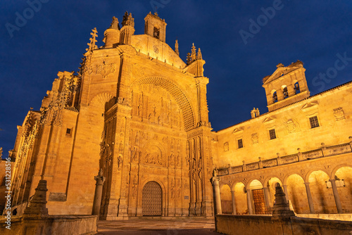 San Esteban convent of Salamanca (World Heritage Site by UNESCO) at night in the old town, Castilla y Leon, Spain. photo