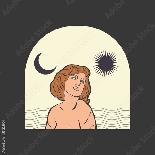 Vintage retro line art woman boho sun and moon linear background