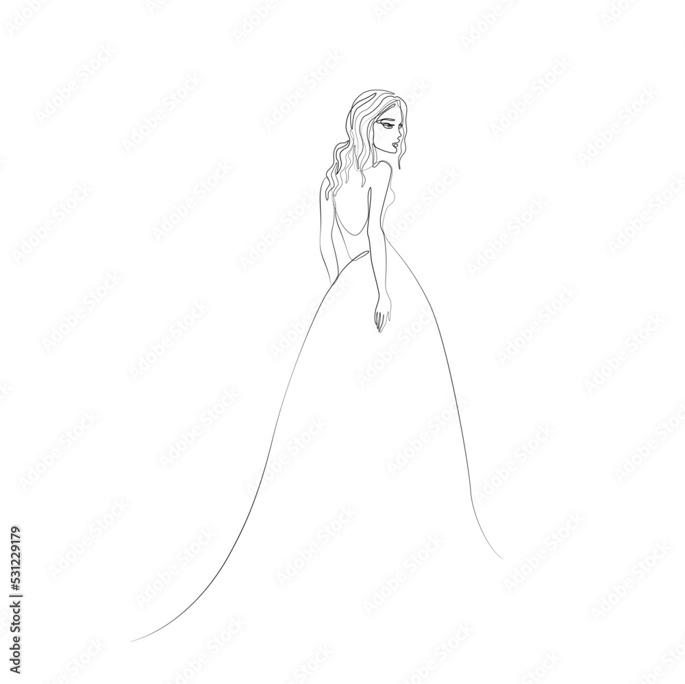 Beautiful fashion woman a single line on a white background, girl in long dress continuous line drawing, fashion logo, isolated black and white vector illustration on white background