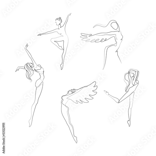 Woman with wings, dancer continuous line drawing, small tattoo, print for clothes and logo design, emblem or logo design, silhouette one single line, isolated abstract vector illustration.