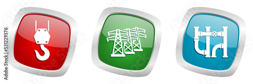 Industry and technolog vector icons, crane, powerline and pipeline silver metallic buttons