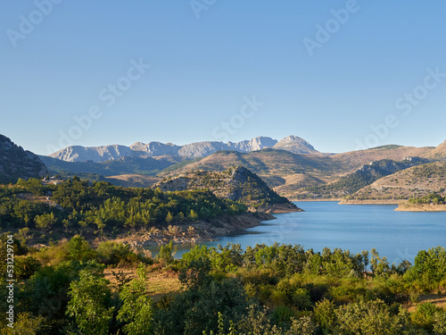 Beautiful lansdcape of Barrios de Luna reservoir in a sunny summer day. Province of Leon, Castilla y Leon, Spain