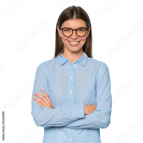 Quadro su tela Half length of confident millennial businesswoman in spectacles with crossed arm