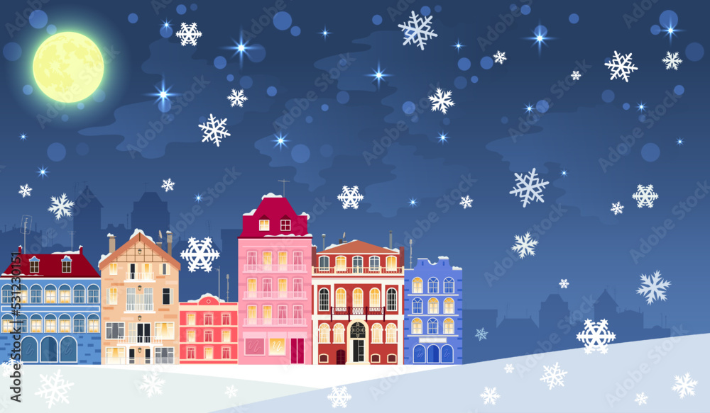 Winter cityscape with multi-colored facades against the night sky with moon, stars and snowflakes in the foreground Winter cityscape with multi-colored facades against the night sky with moon, stars and snowflakes in the foreground