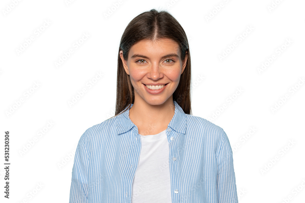 Half length portrait of lovely smiling female student posing in casual clothes Half length portrait of lovely smiling female student posing in casual clothes