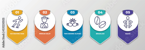 infographic template with thin line icons. infographic for sports concept. included ice skating man, pencak silat, two boxing gloves, brazilian, squat editable vector.