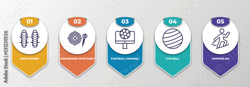 infographic template with thin line icons. infographic for sports concept. included shin guards, dartboard with dart, football channel, gym ball, jumping ski editable vector.