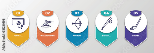 infographic template with thin line icons. infographic for sport concept. included football, wakeboarding, archery, baseball, hockey editable vector.