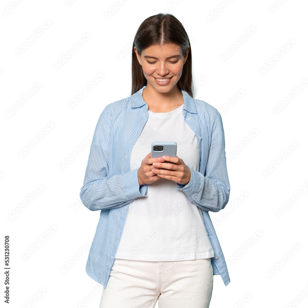 Pretty millennial woman holding phone in hands Pretty millennial woman holding phone in hands