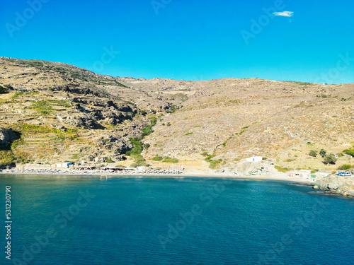 Aerial picture of Chalkiolimionas beach in Andros on a beautiful day, Cyclades, Greece