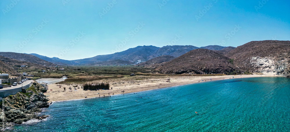Naklejka premium Aerial picture of Kolympithres beach in Tinos, on a beautiful day, Cyclades, Greece