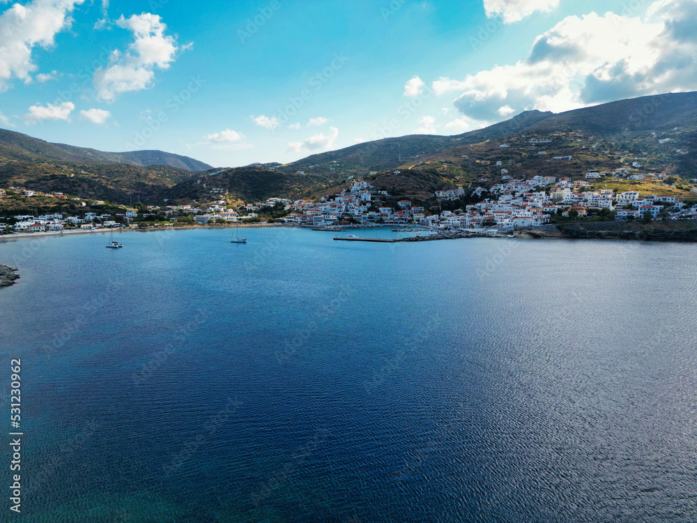 Batsi of Andros aerial picture as seen on a beautiful day, Cyclades, Greece