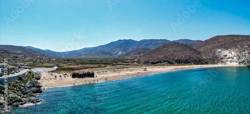 Aerial picture of Kolympithres beach in Tinos, on a beautiful day, Cyclades, Greece